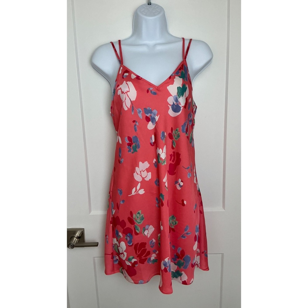 JOSIE by Natori NWOT sz Small Coral Floral Satin Chemise Slip Dress Smocked
